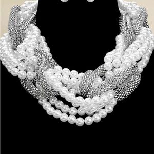 White Faux Pearl & Silver Twisted Statement Necklace - Women Jewelry